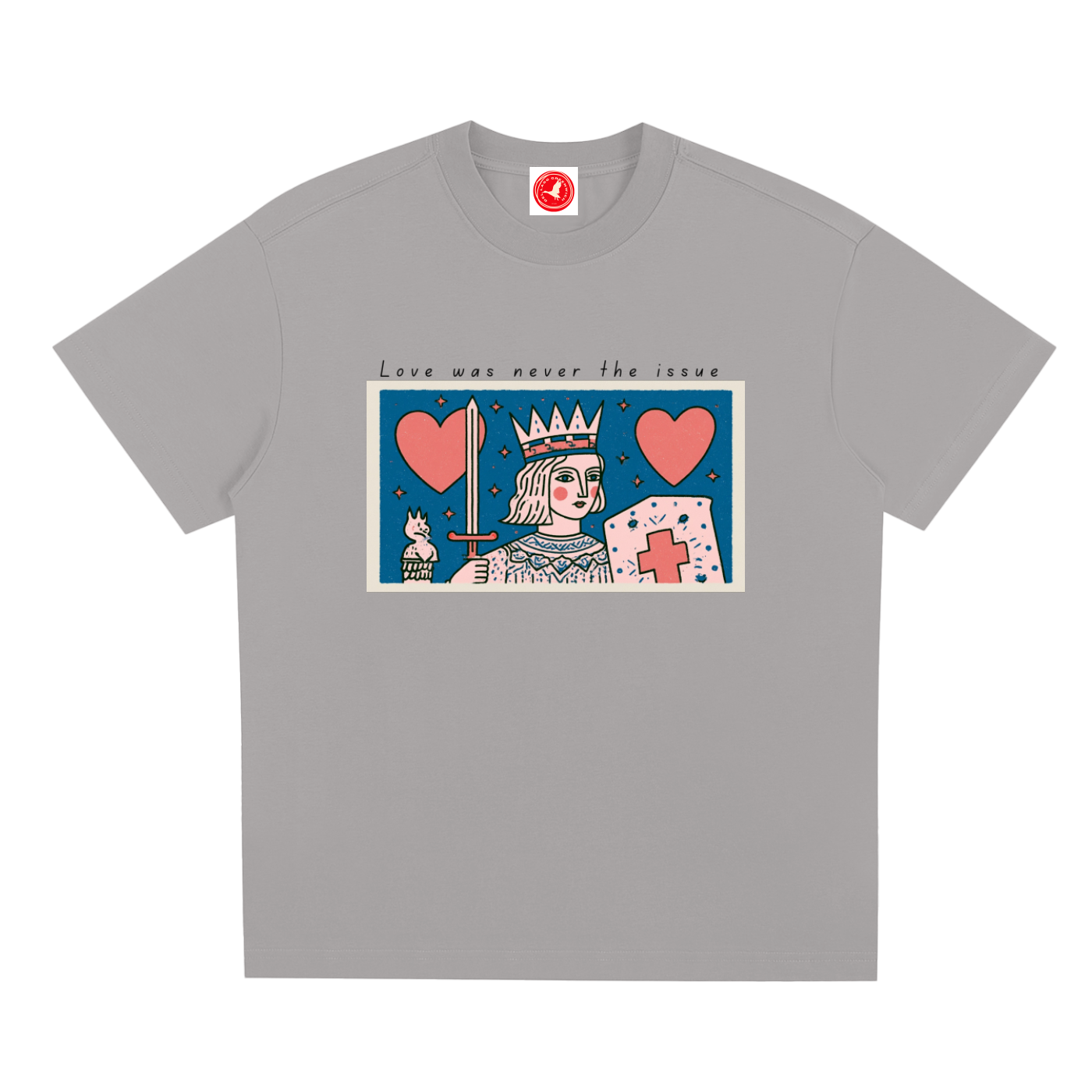Love Was Never the Issue oversized Sorona® graphic t-shirt featuring vintage-inspired crowned figure artwork, hearts, and official collar tag.