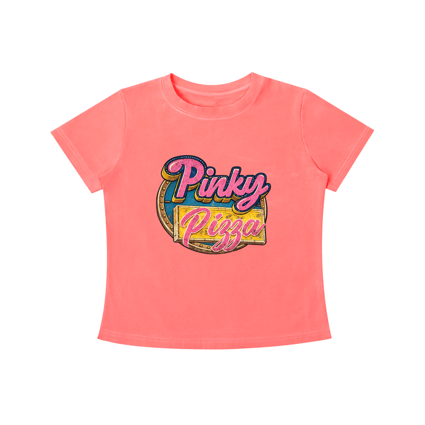 Pinky Pizza graphic tee in pink featuring a colorful retro diner-inspired design.