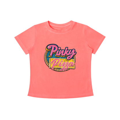 Pinky Pizza graphic tee in pink featuring a colorful retro diner-inspired design.