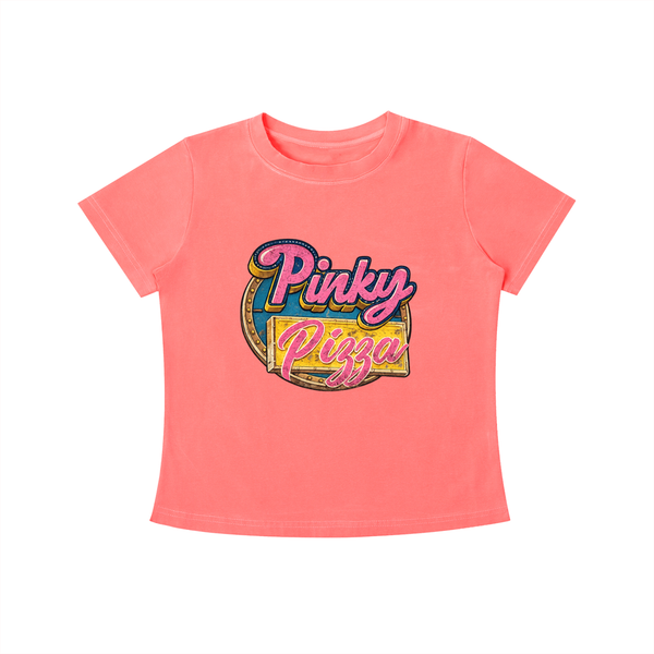 Pinky Pizza graphic tee in pink featuring a colorful retro diner-inspired design.