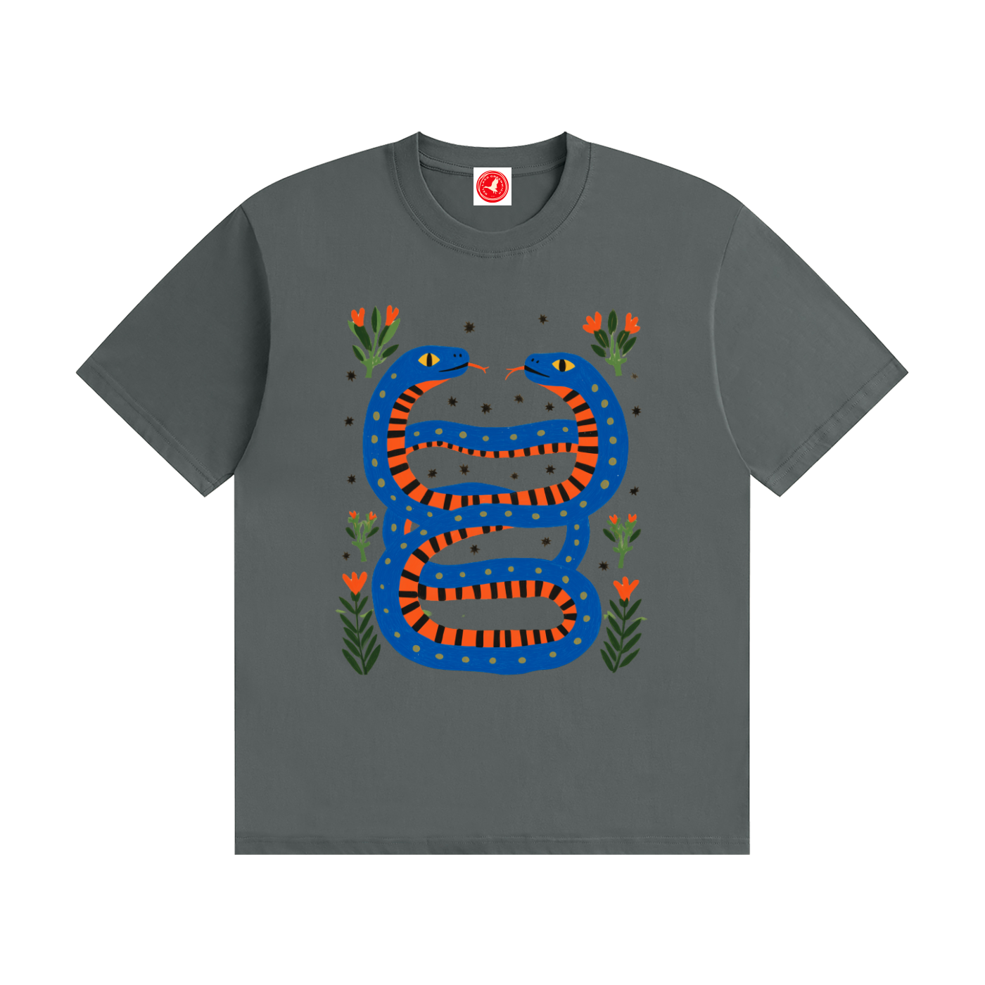 Twin Serpents boys graphic t-shirt featuring original blue and orange serpent artwork with floral accents. Soft cotton short-sleeve tee laid flat on a white background by Del Lago Greenwich.