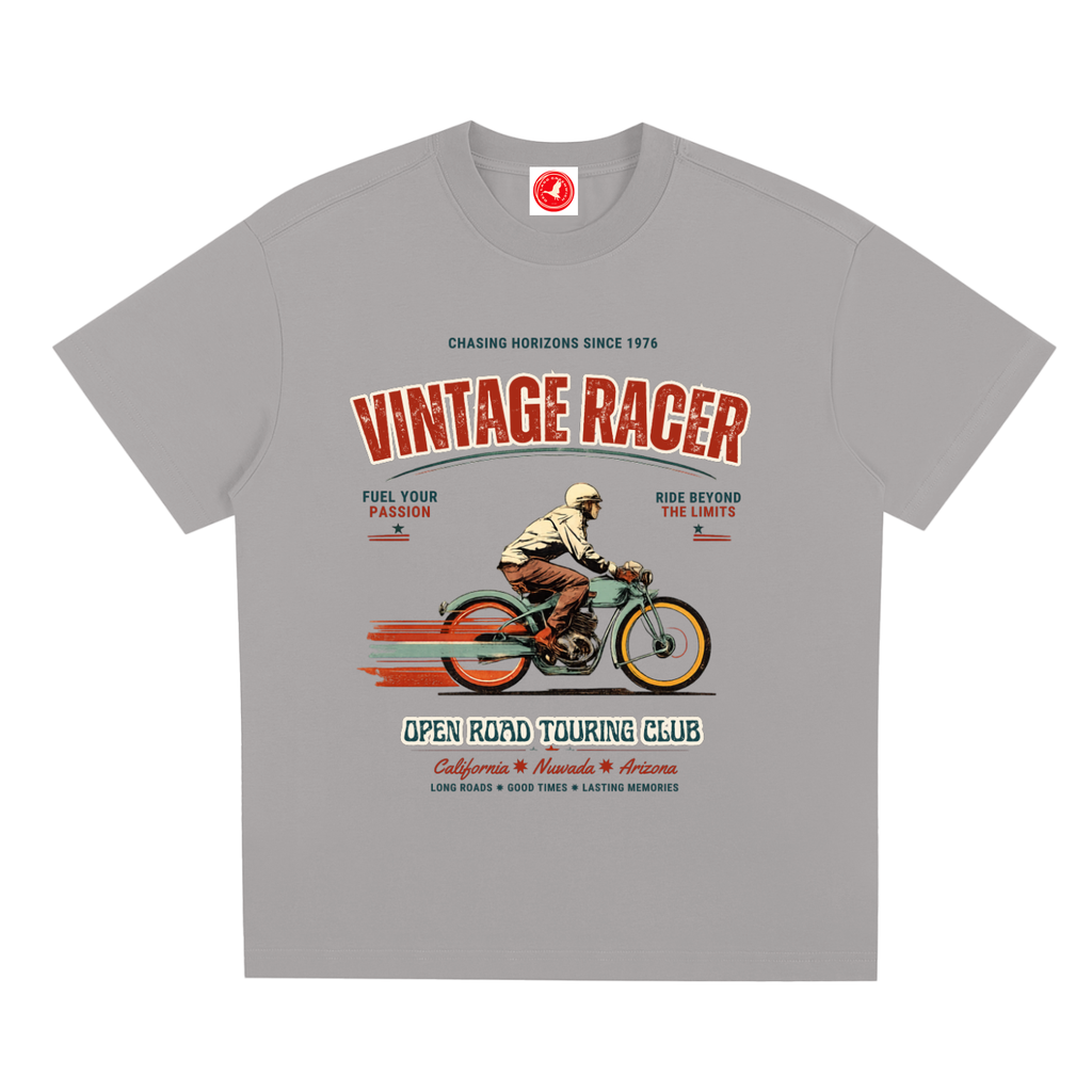 Gray Vintage racer graphic t-shirt featuring retro touring club artwork inspired by classic road trips and motorsport culture.
