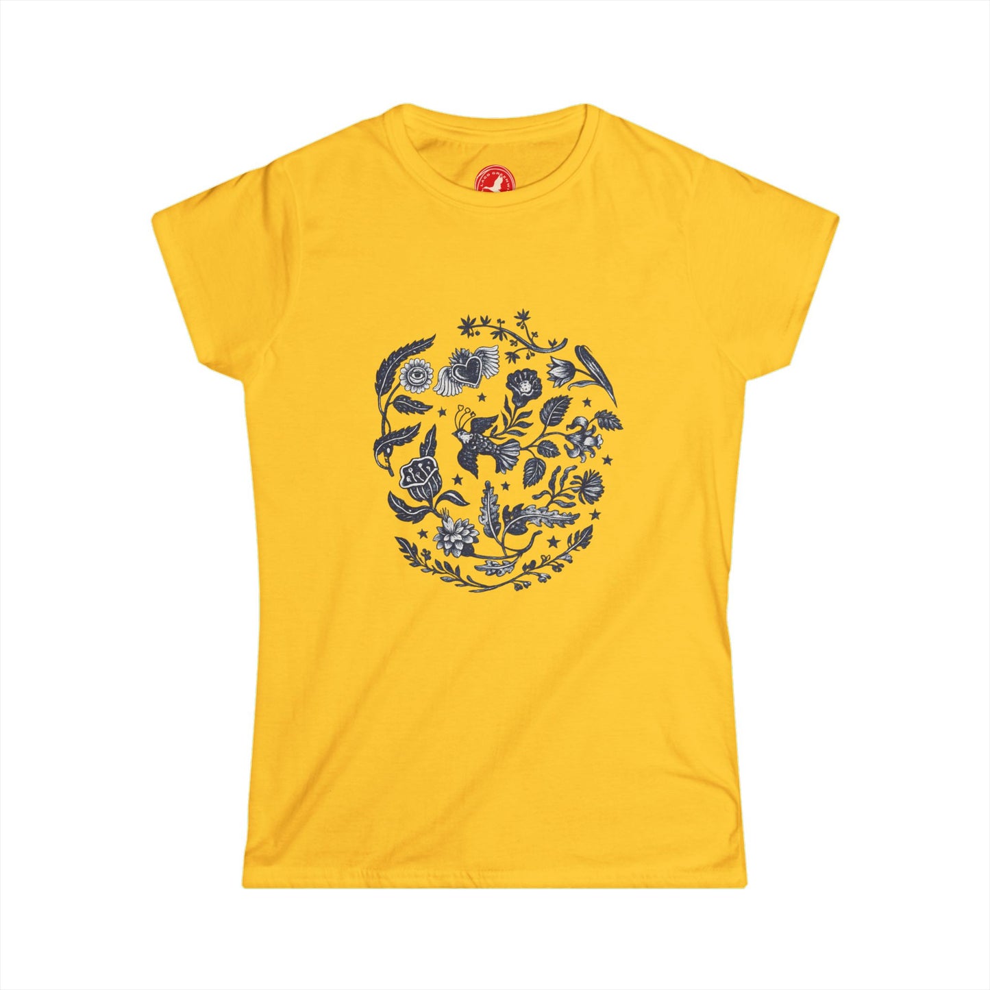 Yellow t-shirt with a floral design on a white background