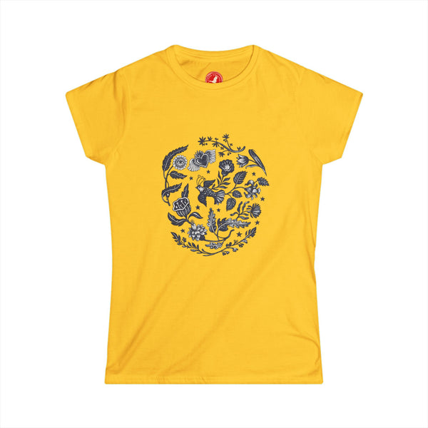 Yellow t-shirt with a floral design on a white background