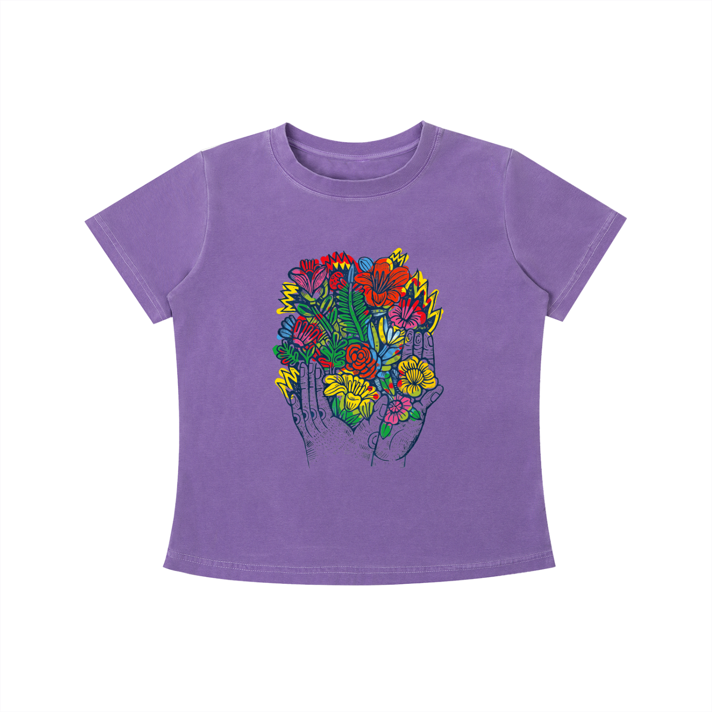 Purple Bloom in Hand graphic t-shirt featuring floral hand artwork inspired by nature, creativity, and botanical illustration.