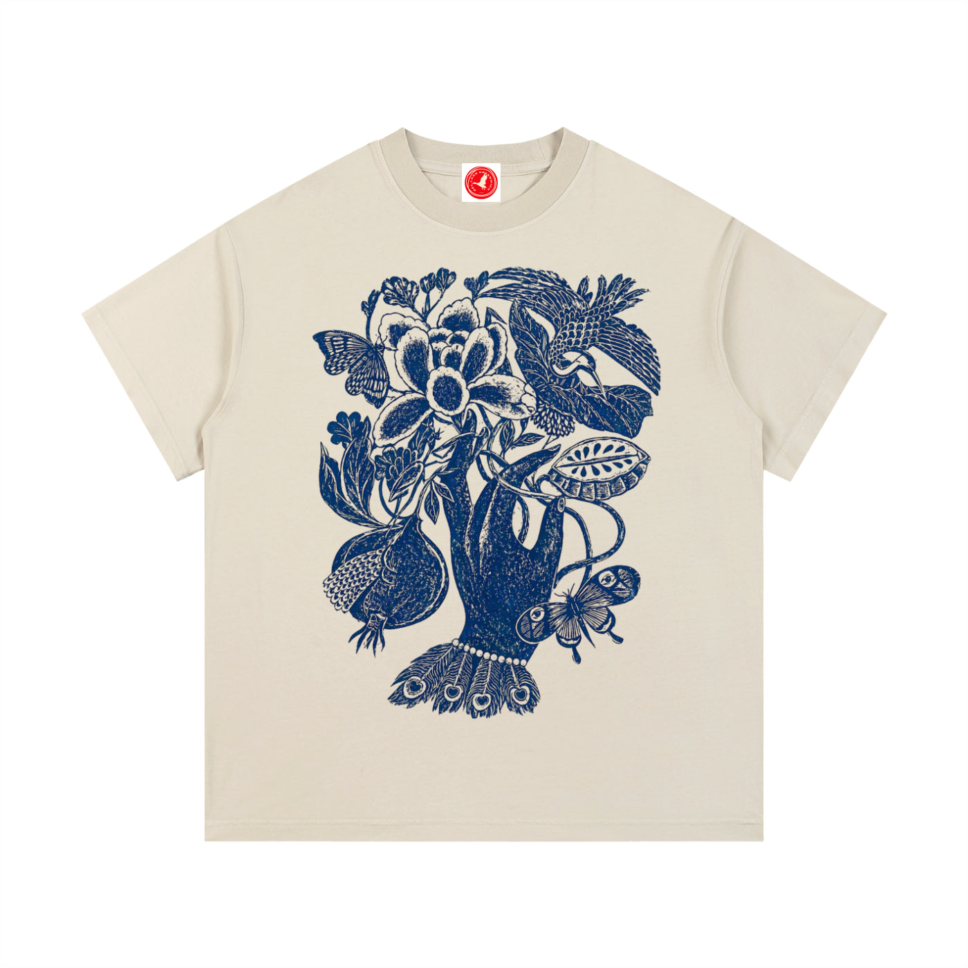 White Botanical Hand graphic t-shirt featuring botanical hand artwork inspired by vintage floral illustration