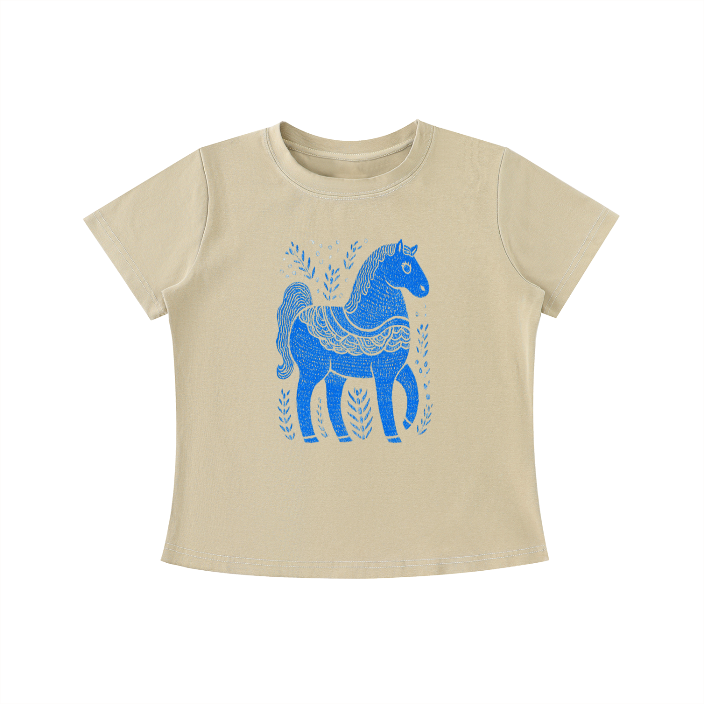 Beige Blue Folk Horse graphic t-shirt featuring folk art-inspired horse artwork celebrating creativity, tradition, and nature.