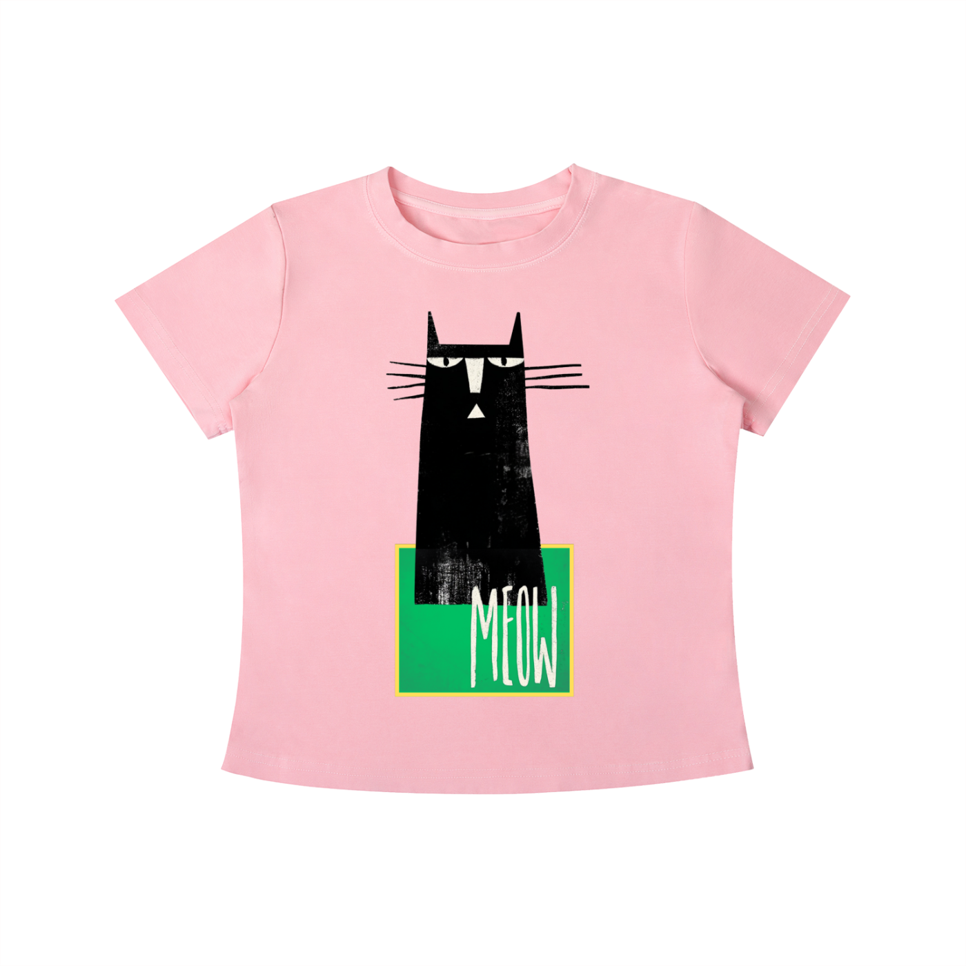 Pink MEOW graphic t-shirt featuring minimalist cat artwork inspired by feline lovers and modern design.