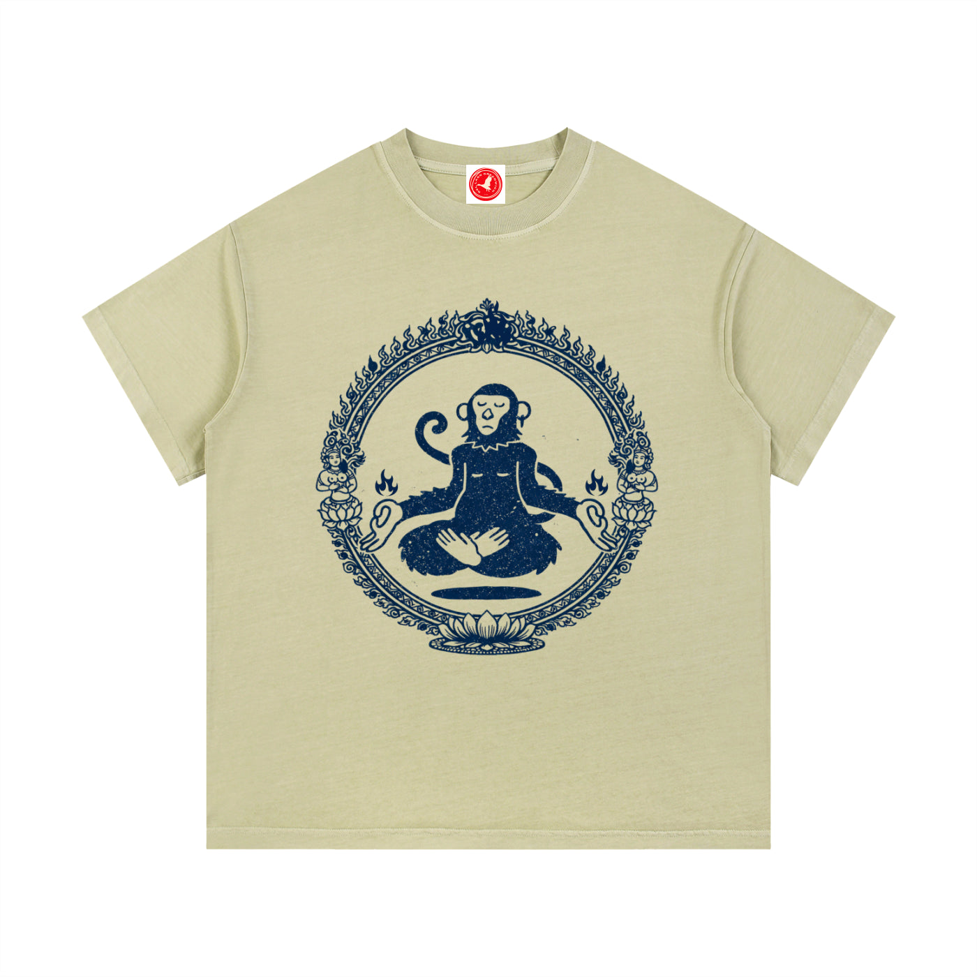Beige Sacred Monkey graphic t-shirt featuring artistic monkey artwork inspired by folklore, spirituality, and creative expression.