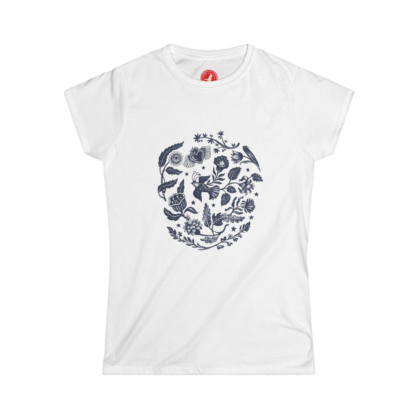 White t-shirt with a floral skull design on a white background