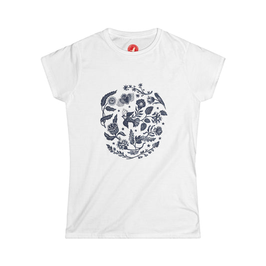 White t-shirt with a floral skull design on a white background