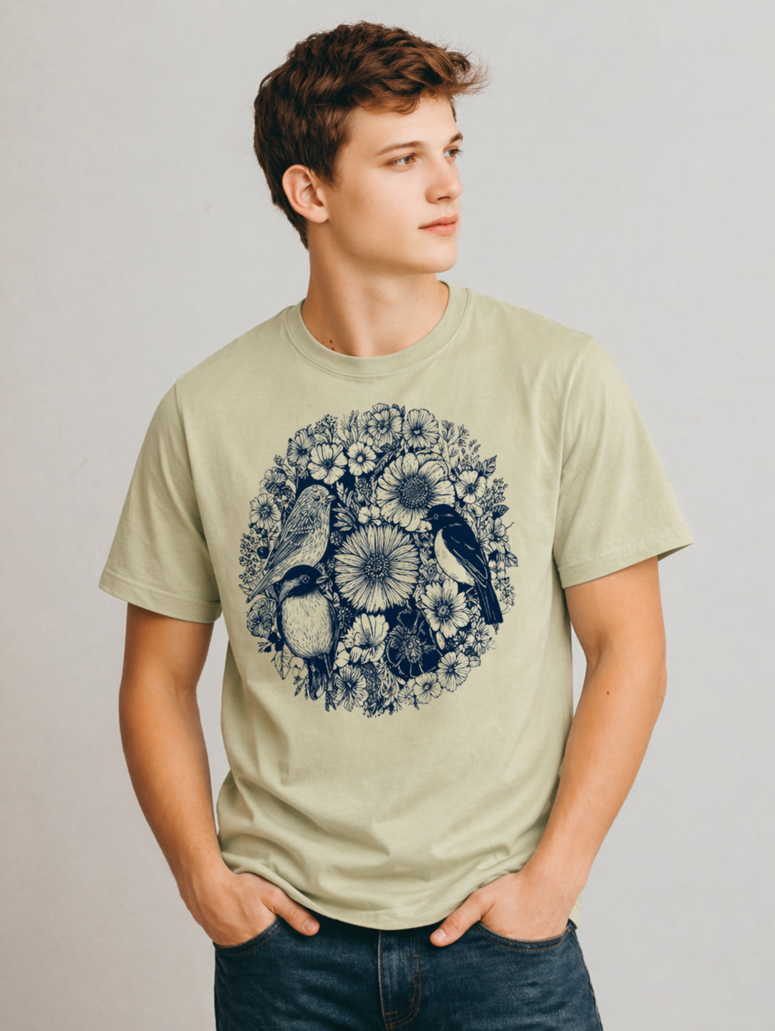 Person wearing a light greenFloral Birds Circle graphic t-shirt featuring botanical bird artwork arranged in a decorative floral design.