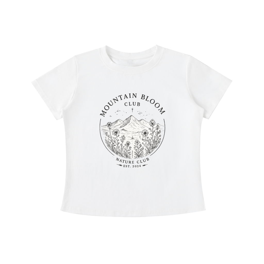 White Mountain Bloom Club graphic t-shirt featuring floral mountain artwork inspired by nature and outdoor adventure.