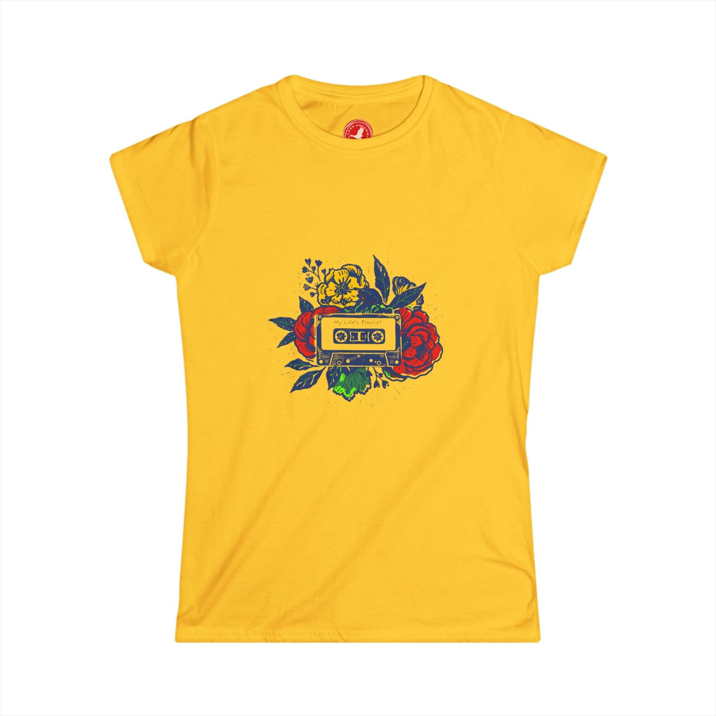 Yellow t-shirt with a colorful graphic design on a white background