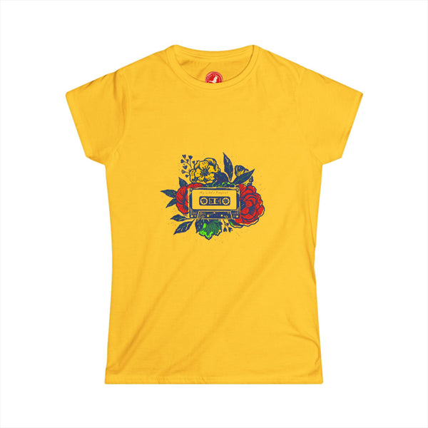 Yellow t-shirt with a colorful graphic design on a white background