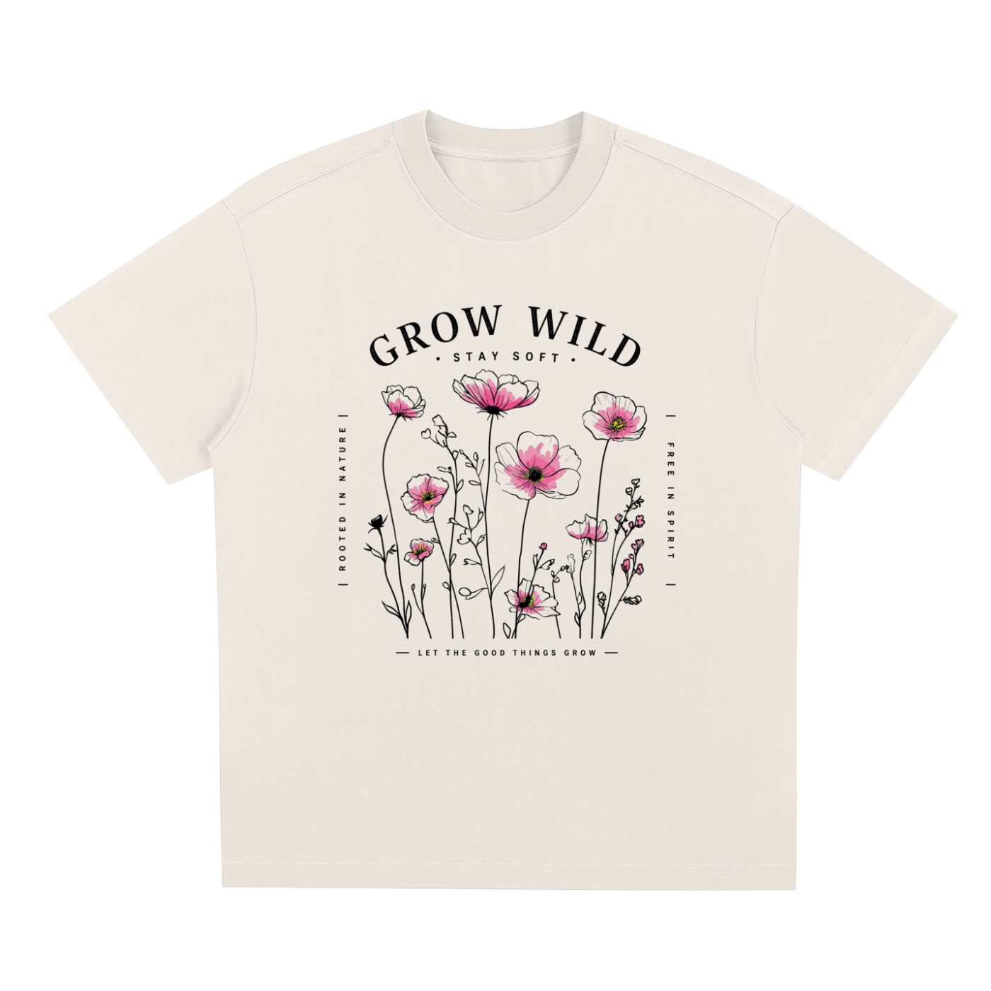 Biege Grow Wild graphic t-shirt featuring nature-inspired artwork celebrating growth, freedom, and wild beauty.
