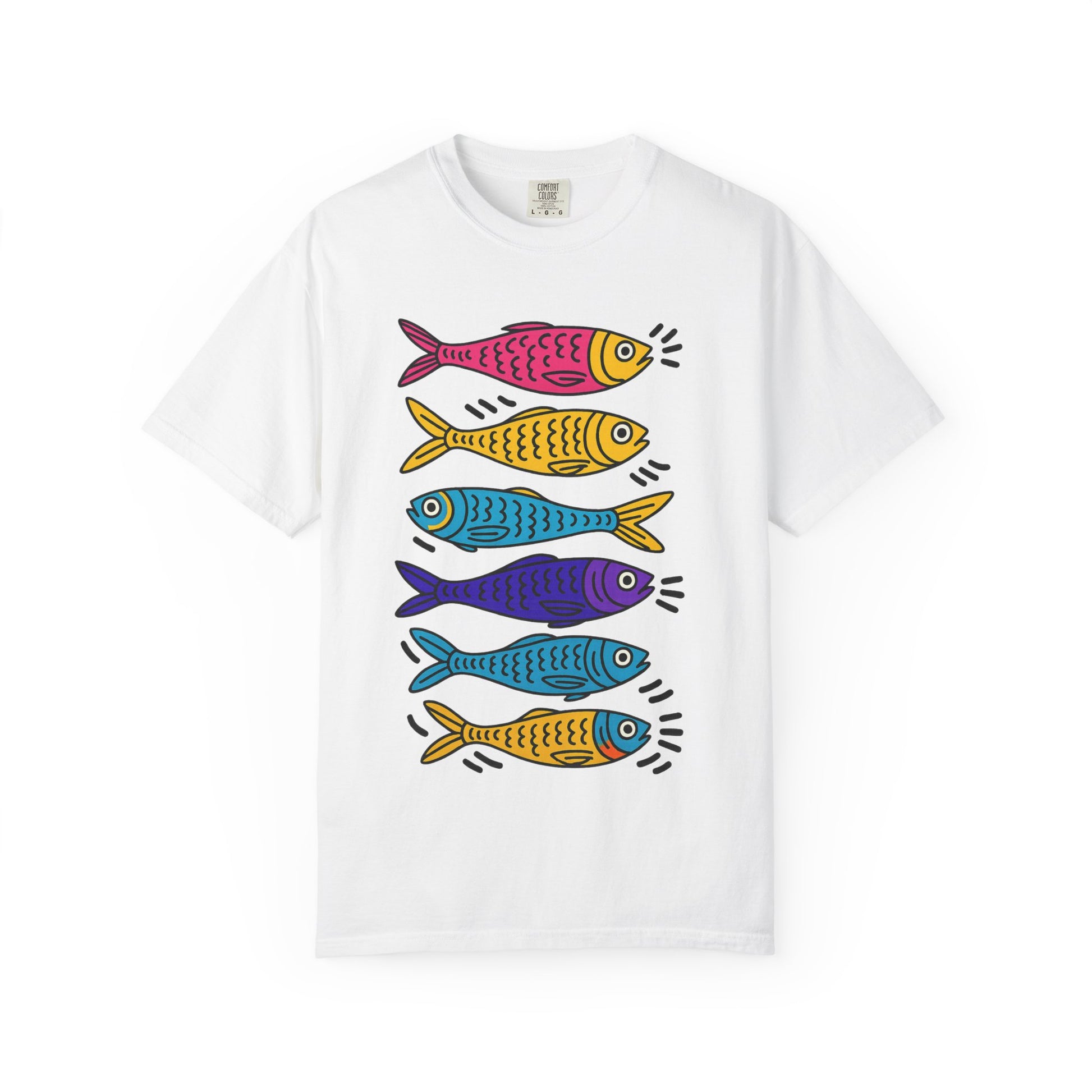 White t-shirt with colorful fish graphic on a white background