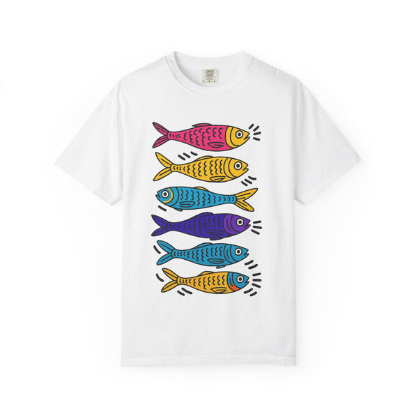 White t-shirt with colorful fish graphic on a white background