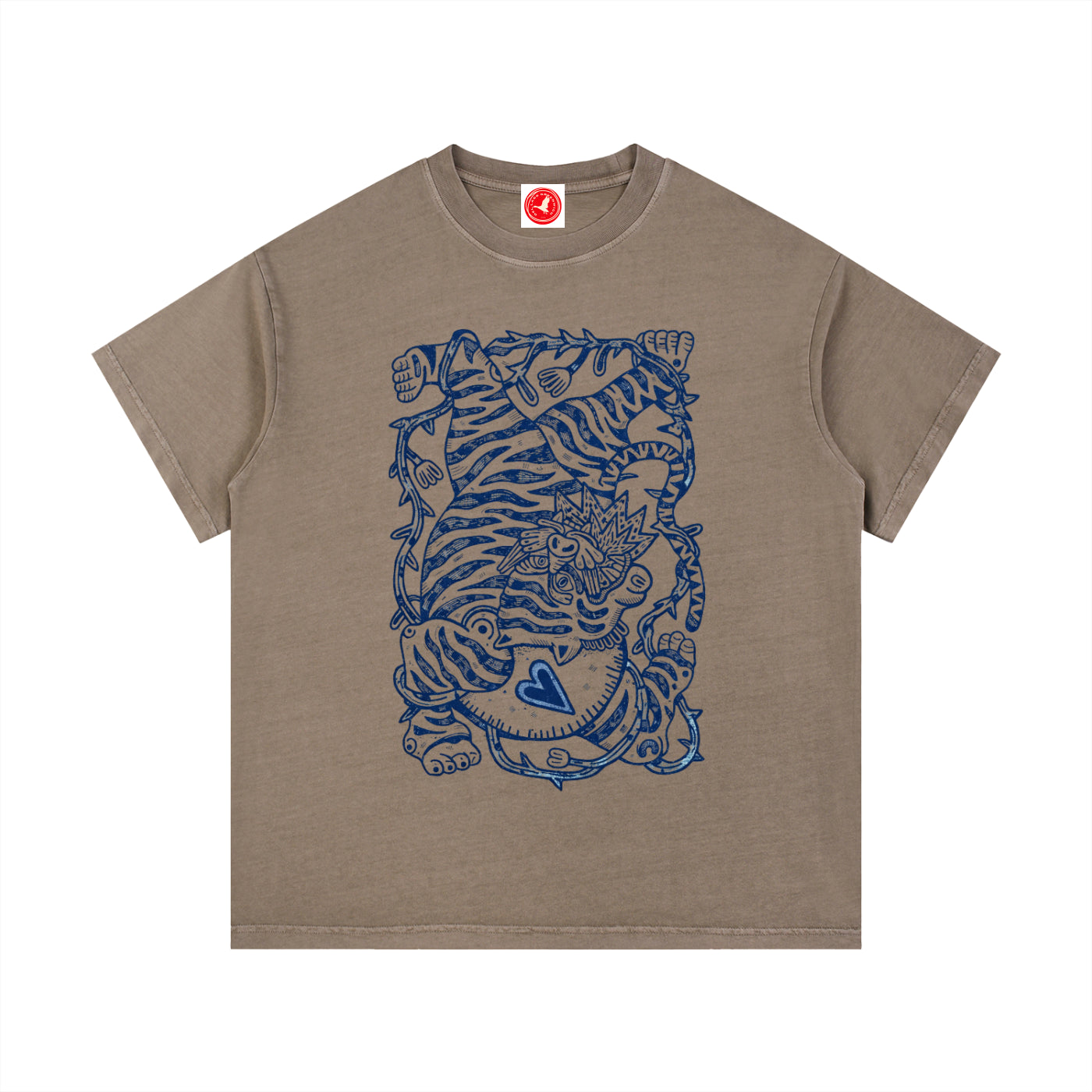 Brown Ink Tiger graphic t-shirt featuring bold tiger artwork inspired by wildlife and traditional ink illustration.
