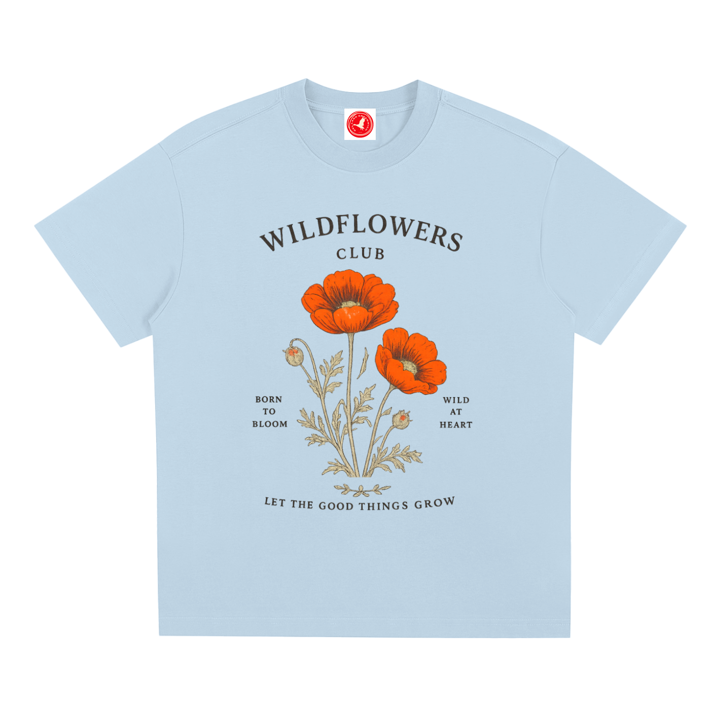 Light blue Grow Wild graphic t-shirt featuring nature-inspired artwork celebrating growth, freedom, and wild beauty.
