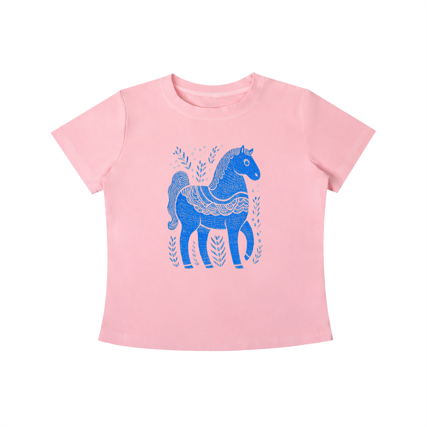 Pink Blue Folk Horse graphic t-shirt featuring folk art-inspired horse artwork celebrating creativity, tradition, and nature.