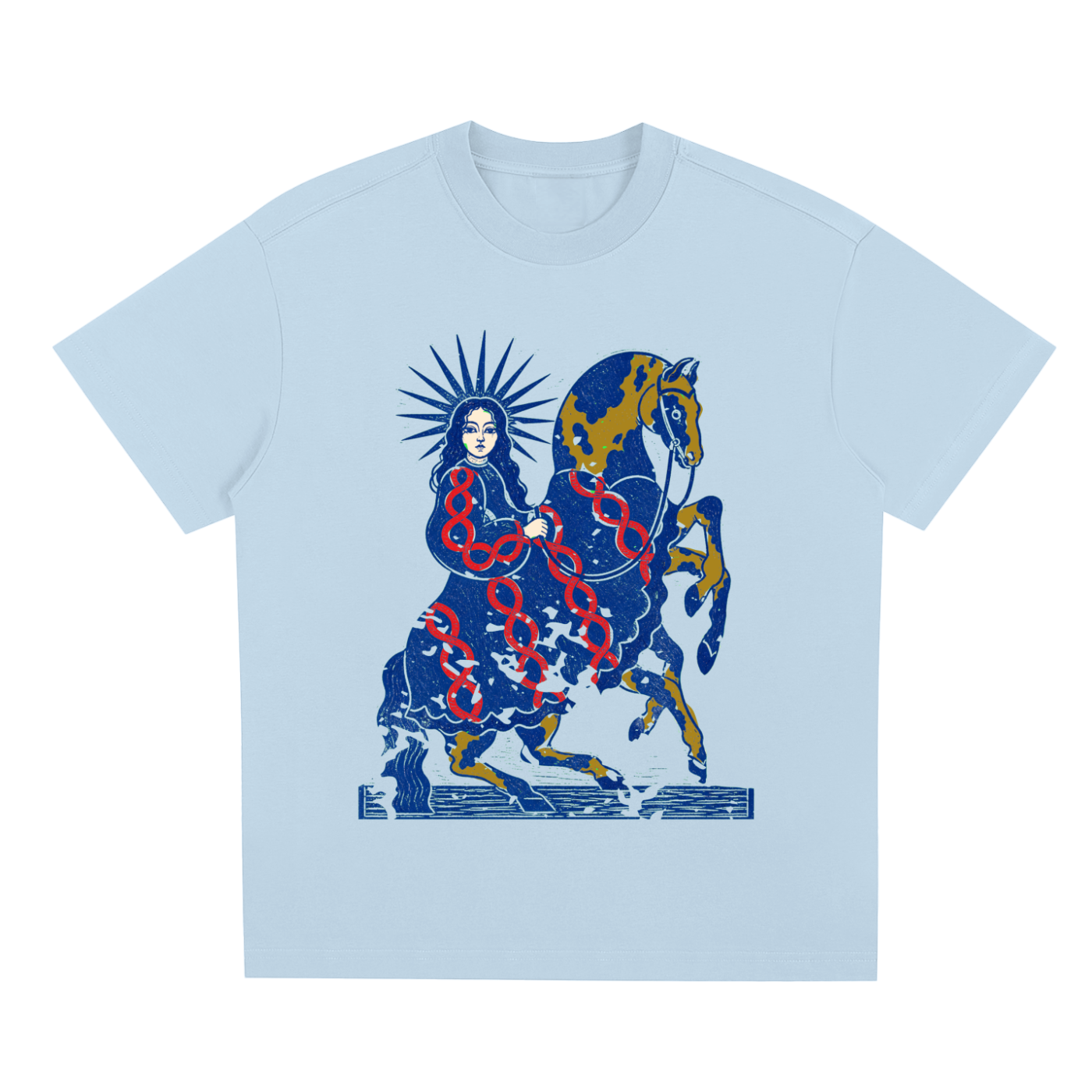 Light blue Celestial Rider graphic t-shirt featuring artistic rider artwork inspired by adventure, freedom, and open horizons.