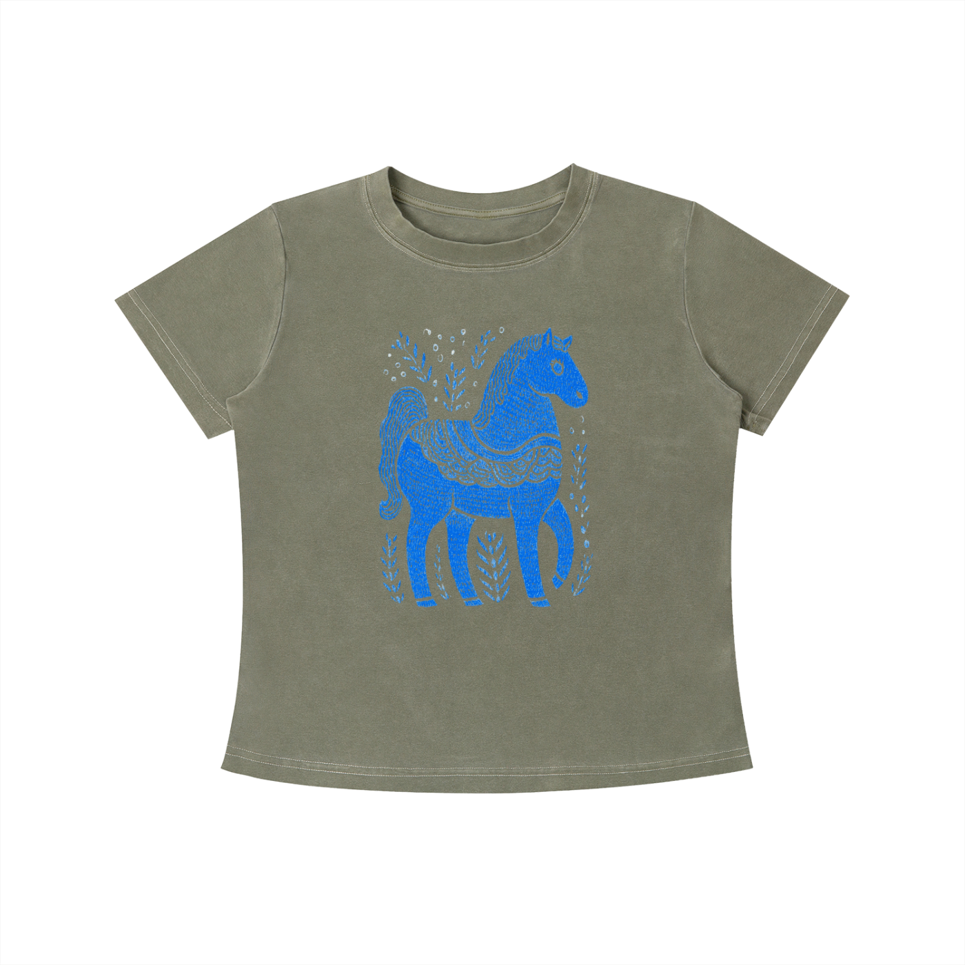 Green Blue Folk Horse graphic t-shirt featuring folk art-inspired horse artwork celebrating creativity, tradition, and nature.