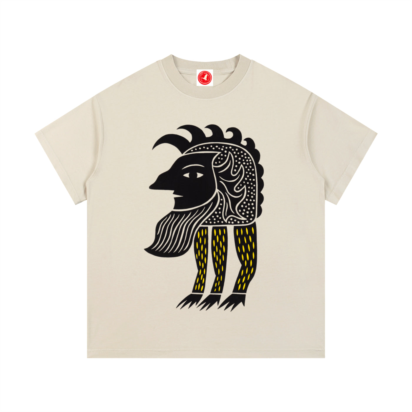 Beige Abstract Folk Creature graphic t-shirt featuring artistic folk-inspired creature artwork and imaginative storytelling design.