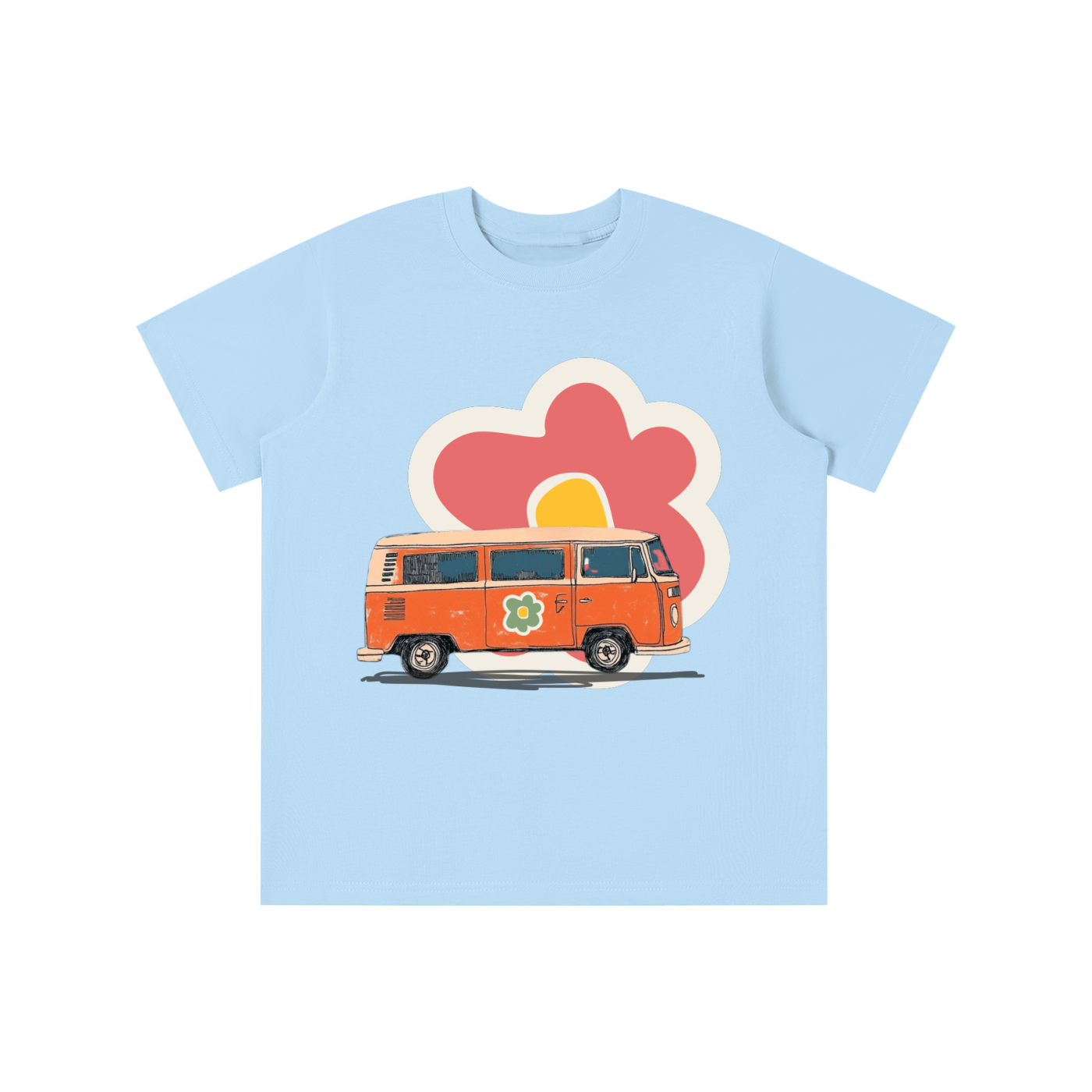 Retro Flower Van graphic t-shirt featuring vintage van and floral artwork inspired by road trips and retro culture.