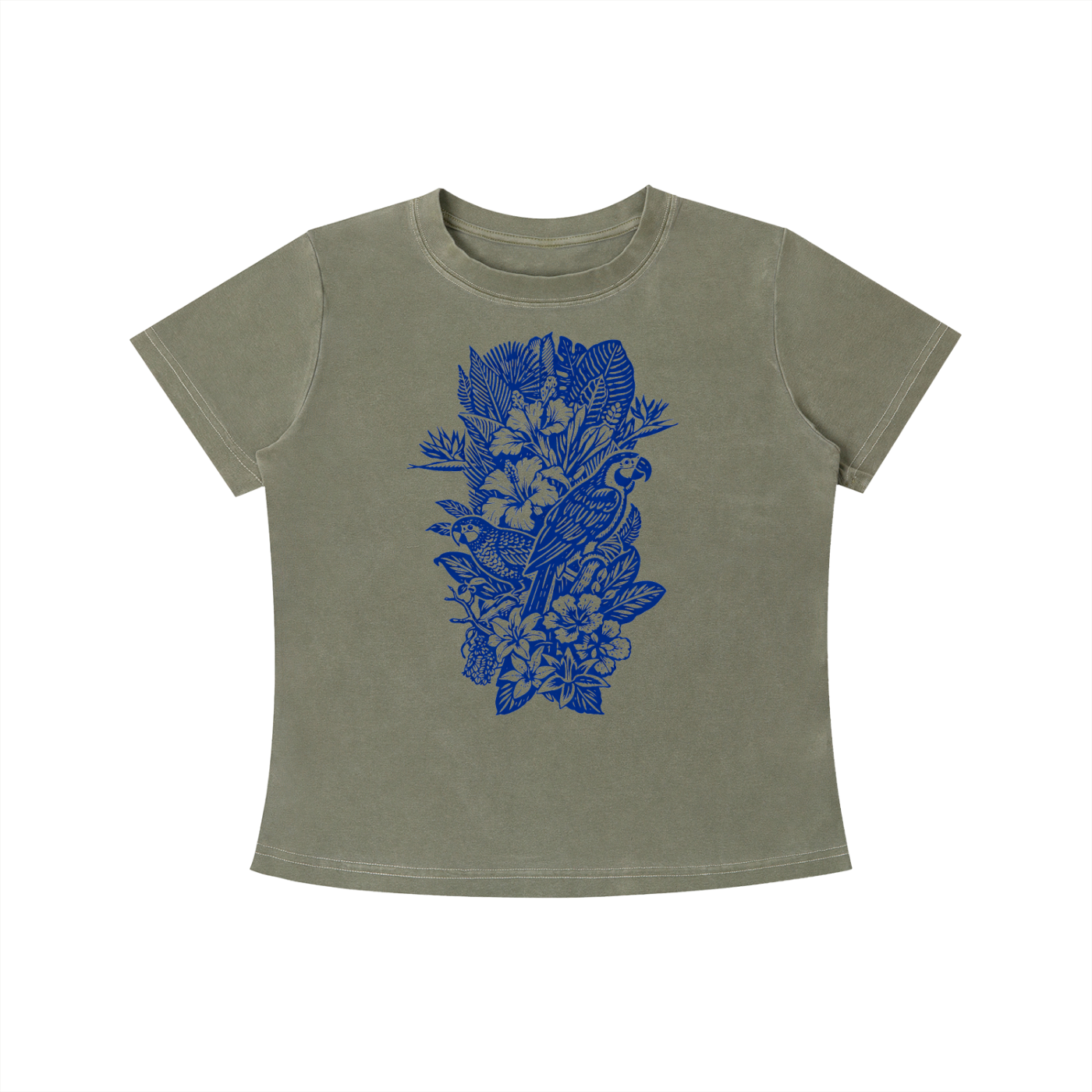 Green Indigo Aviary graphic t-shirt featuring botanical bird artwork inspired by nature and vintage illustration.