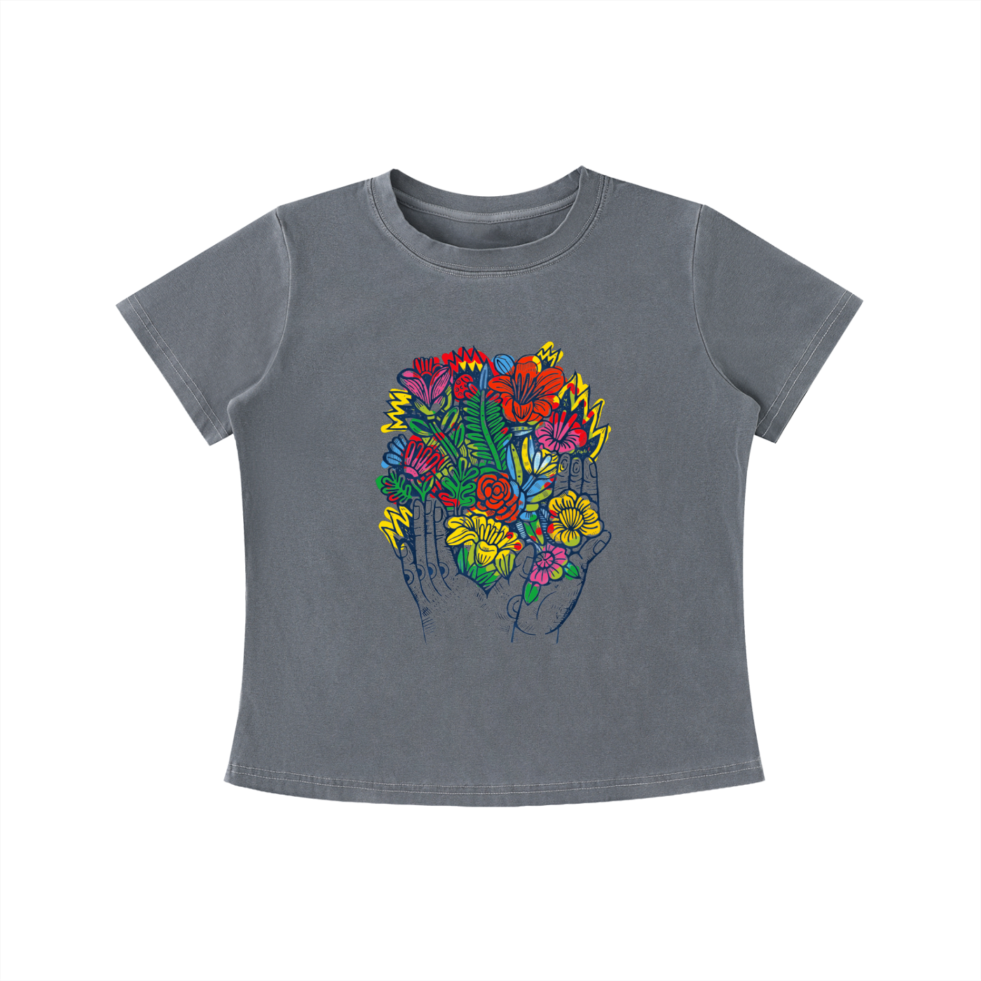 Gray Bloom in Hand graphic t-shirt featuring floral hand artwork inspired by nature, creativity, and botanical illustration.