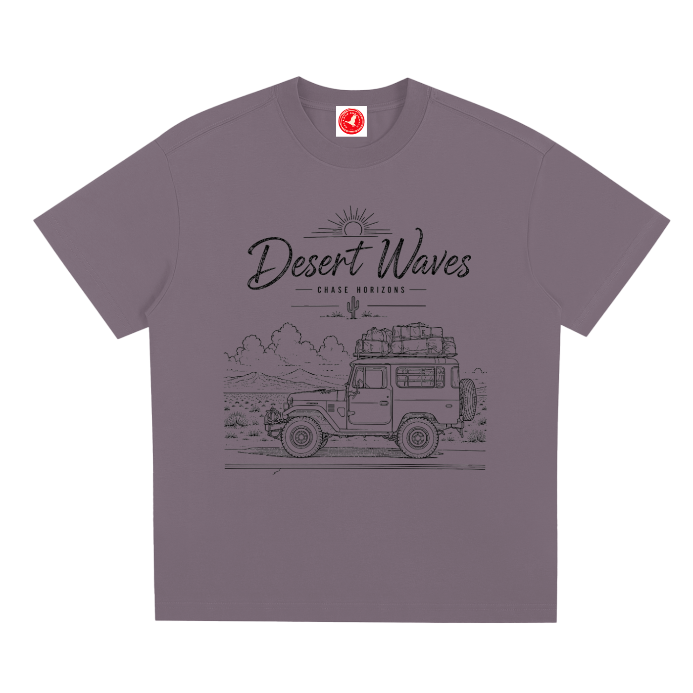 Desert-inspired graphic t-shirt featuring artistic landscape artwork blending desert scenery with coastal influences.