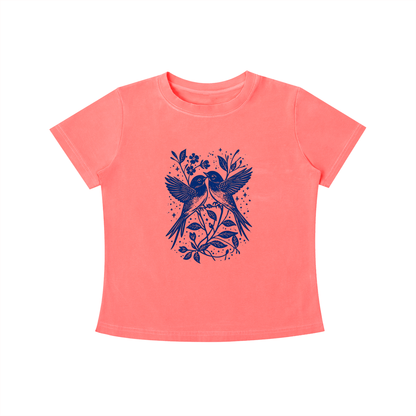 Coral Bluebird Garden Folk graphic t-shirt featuring bird and floral artwork inspired by folk art and botanical beauty.