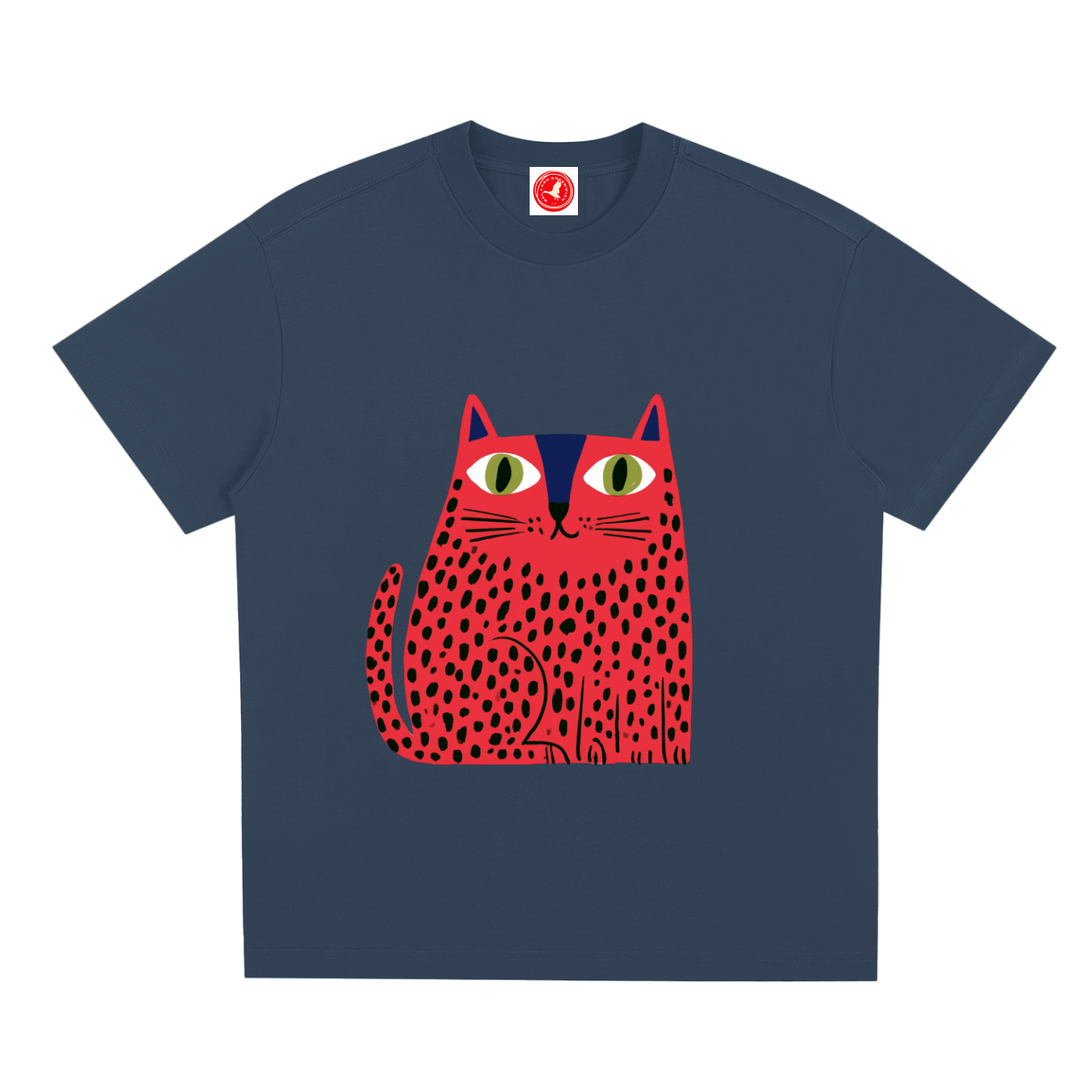 Short-sleeve crewneck t-shirt featuring a stylized graphic of a red cat with black spots and green eyes on the front, displayed against a solid white background.