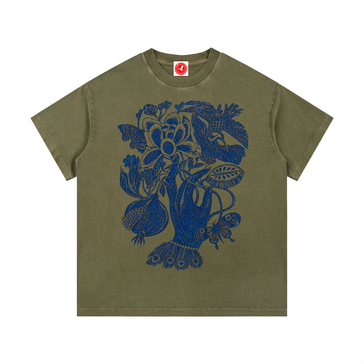 Green Botanical Hand graphic t-shirt featuring botanical hand artwork inspired by vintage floral illustration