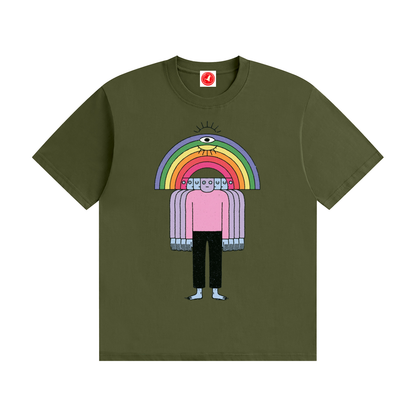 Green Friends Tee by Del Lago Greenwich featuring a colorful rainbow character graphic on a premium cotton t-shirt. Front product view displayed on a clean white background.