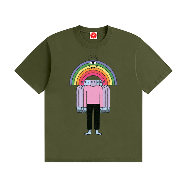 Green Friends Tee by Del Lago Greenwich featuring a colorful rainbow character graphic on a premium cotton t-shirt. Front product view displayed on a clean white background.