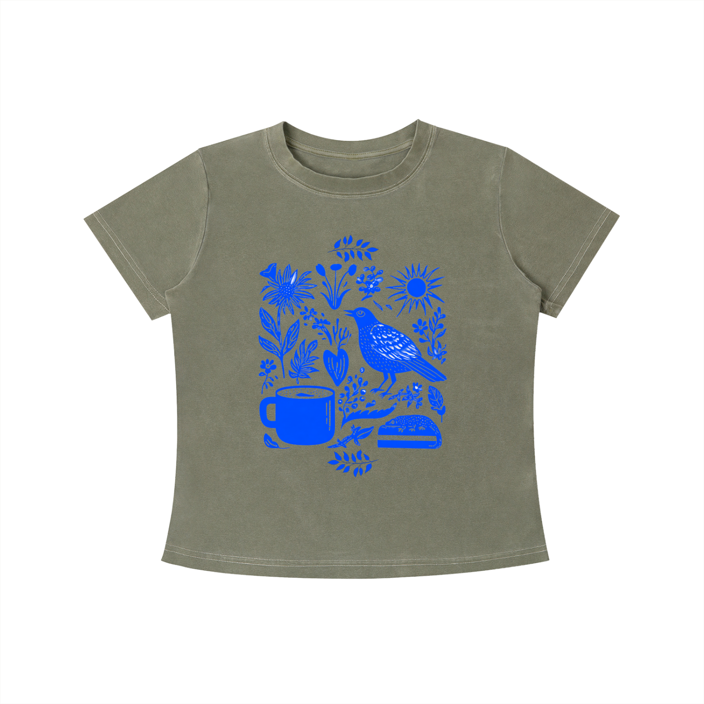 Green Indigo Morning Garden graphic t-shirt featuring botanical artwork inspired by wildflowers, gardens, and natural beauty.