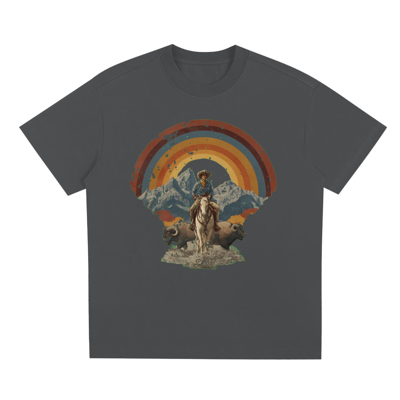 Gray  Wild West Sunset Rider graphic t-shirt featuring western sunset artwork inspired by horseback adventure and frontier landscapes.