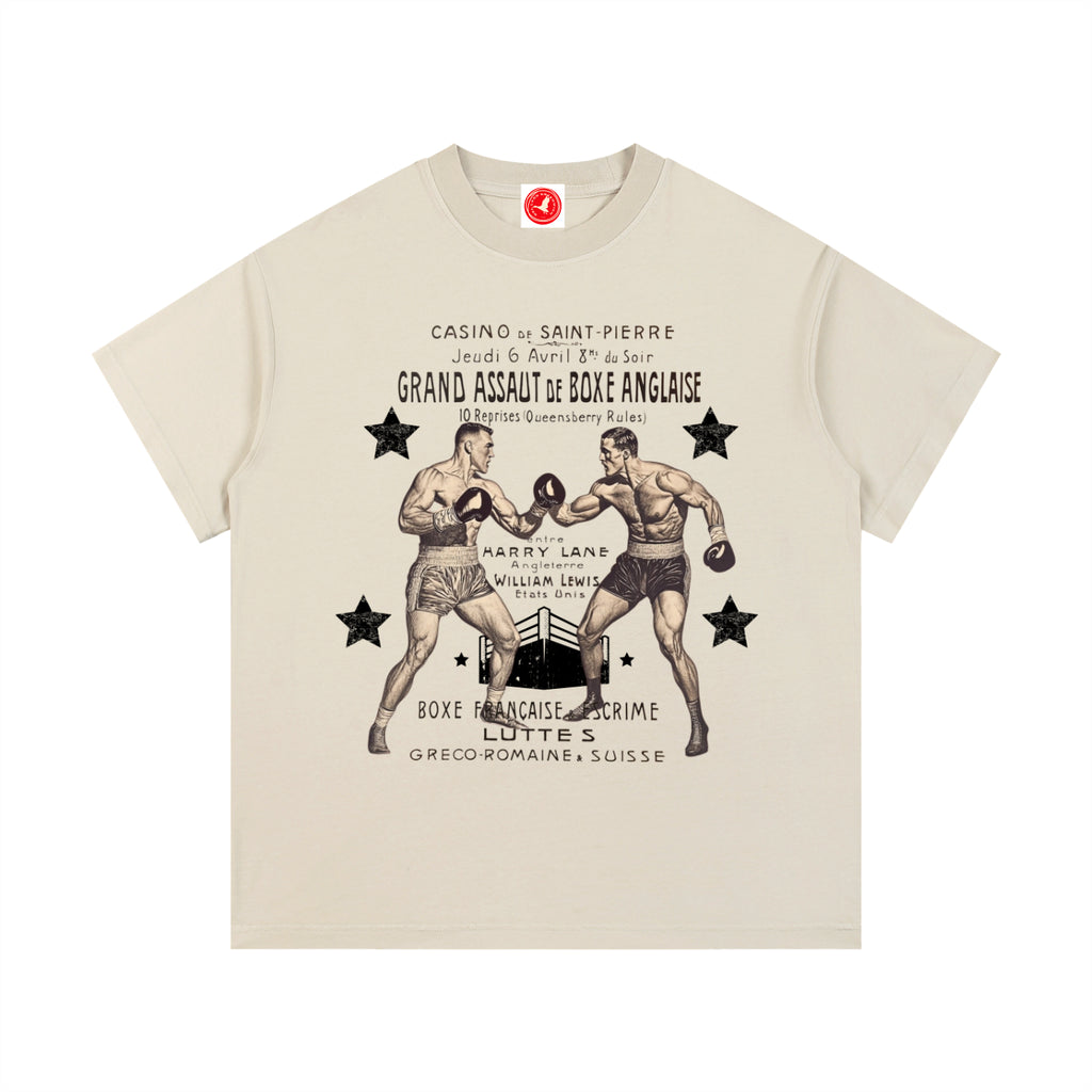 Beige Vintage Boxing Match graphic t-shirt featuring retro boxing artwork inspired by classic fight posters and vintage athletic design.