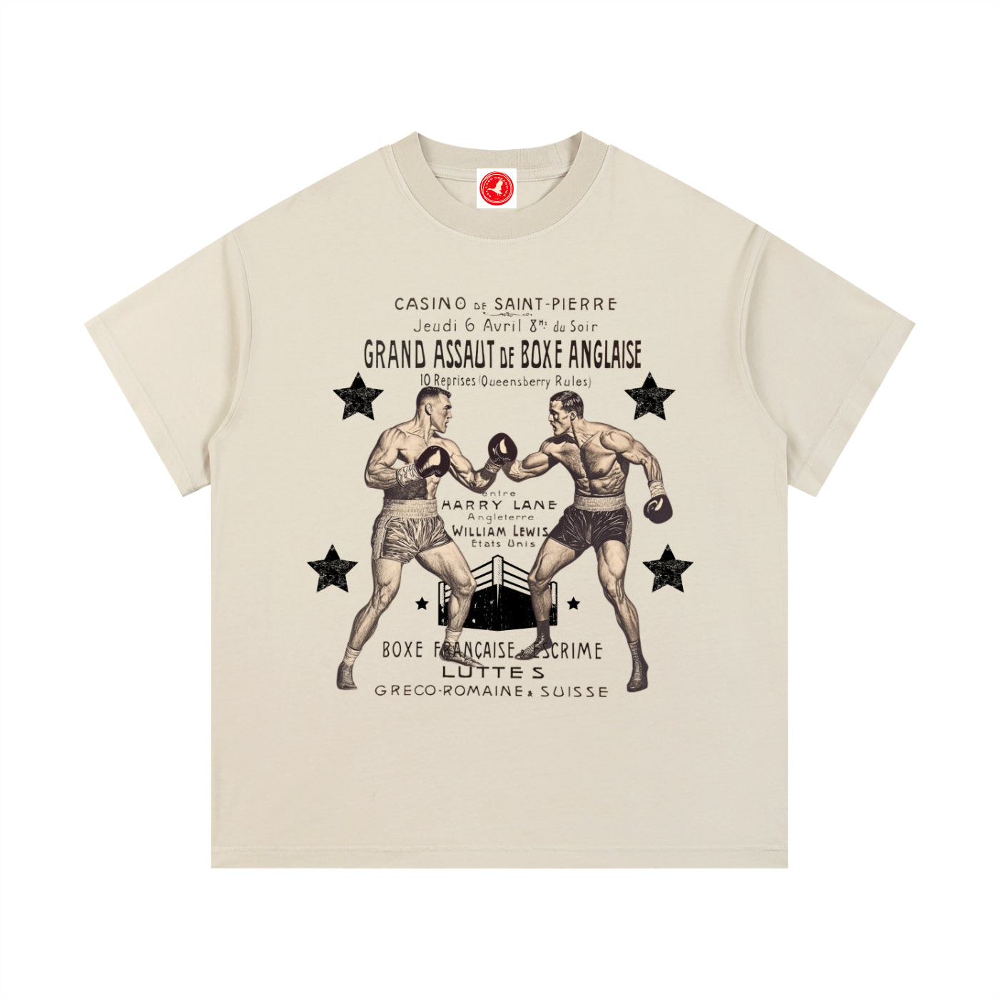 Beige Vintage Boxing Match graphic t-shirt featuring retro boxing artwork inspired by classic fight posters and vintage athletic design.