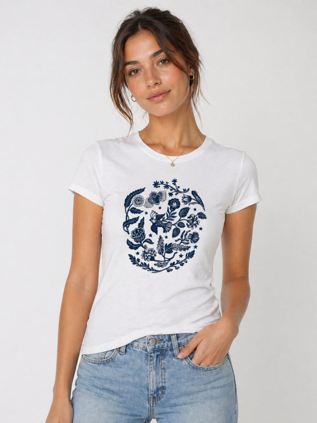 Botanical Blue Folk Art Graphic Tee