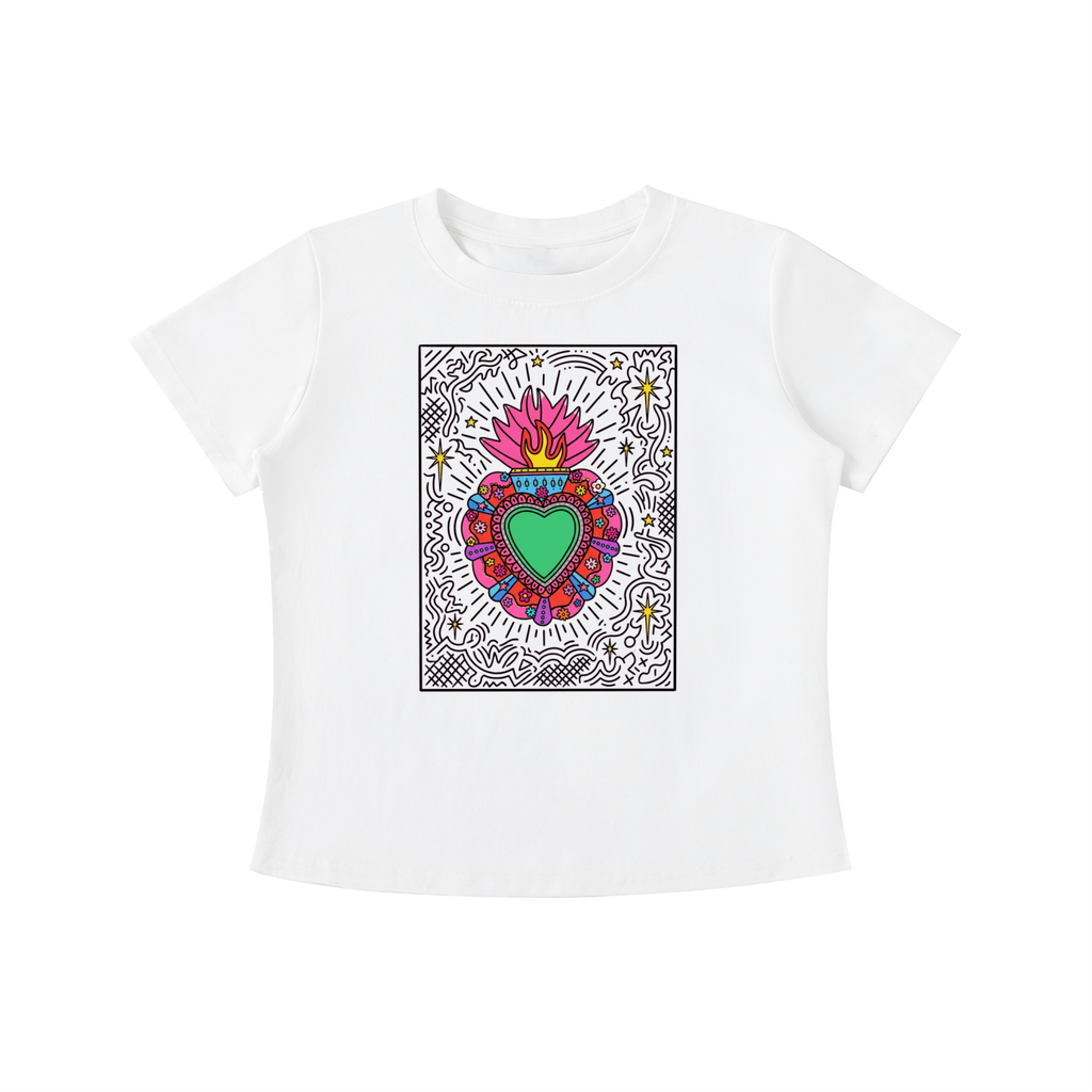 White Sacred Heart graphic t-shirt featuring folk art-inspired heart artwork celebrating tradition, creativity, and cultural expression.