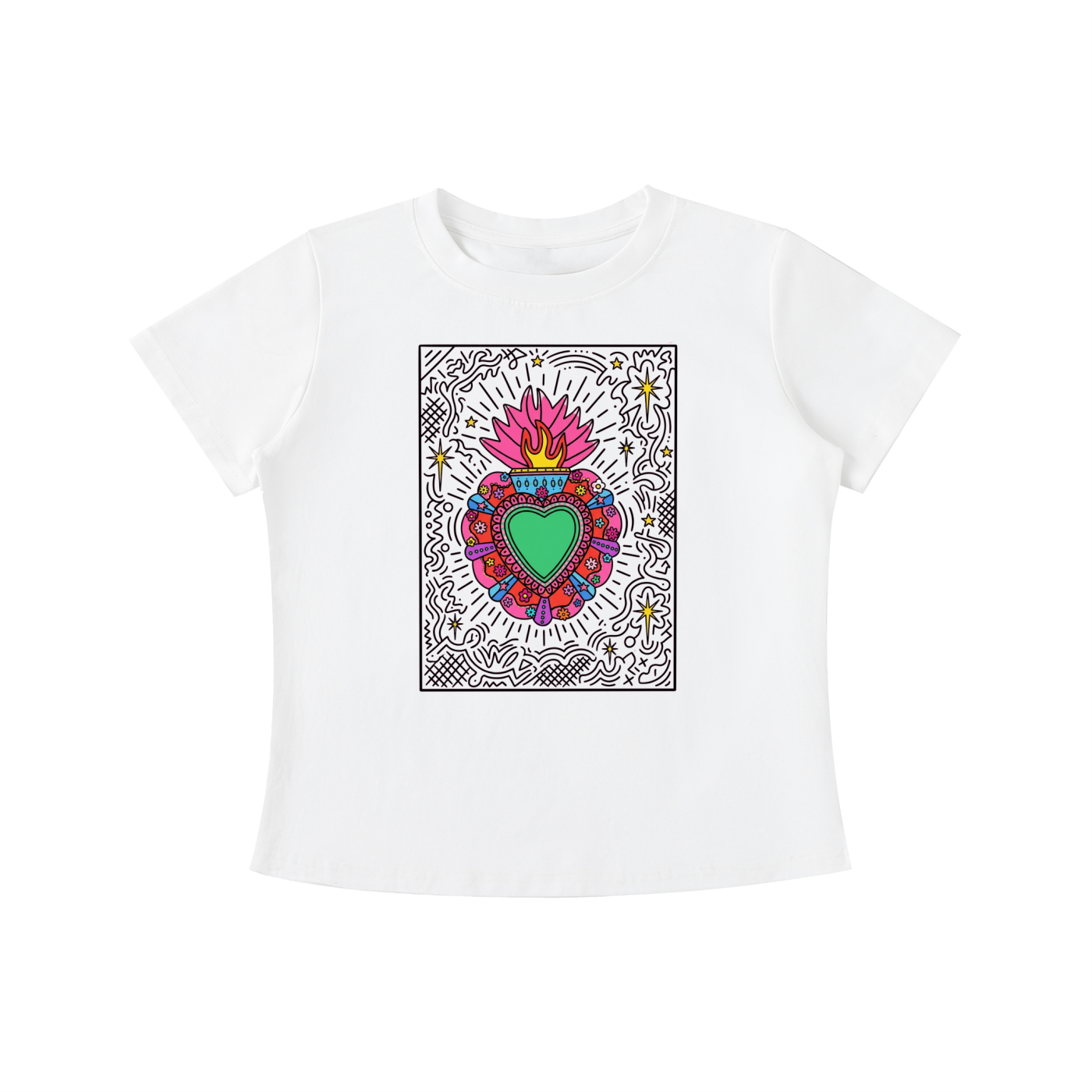 White Sacred Heart graphic t-shirt featuring folk art-inspired heart artwork celebrating tradition, creativity, and cultural expression.