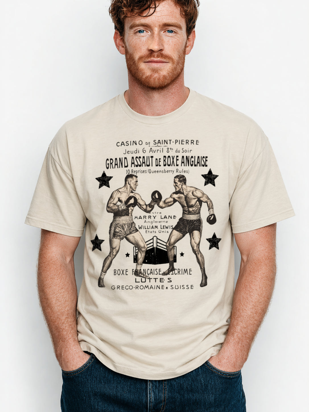 Man wearing a Vintage Boxing Match graphic t-shirt featuring retro boxing artwork inspired by classic fight posters and vintage athletic design.