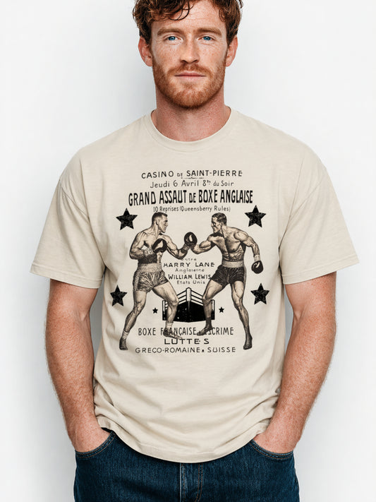 Man wearing a Vintage Boxing Match graphic t-shirt featuring retro boxing artwork inspired by classic fight posters and vintage athletic design.