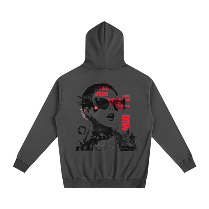 Dark gray hoodie with a graphic design on the back against a white background