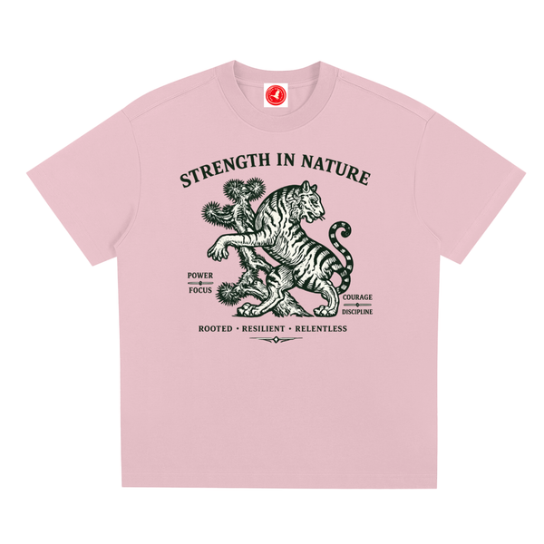 Pink Nature-inspired graphic t-shirt featuring outdoor artwork celebrating resilience, growth, and natural beauty.
