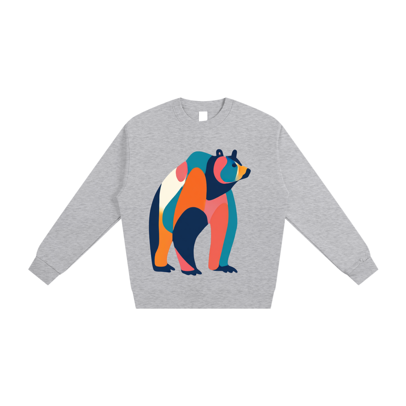 Gray sweatshirt with a colorful bear design on a white background