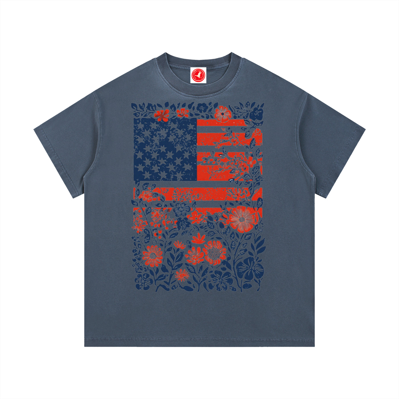 Gray Floral Americana Flag graphic t-shirt featuring patriotic artwork blended with floral design and American heritage.